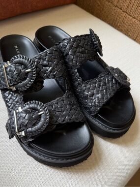 Marc Fisher Black Braided Double-Buckle Slide Sandals